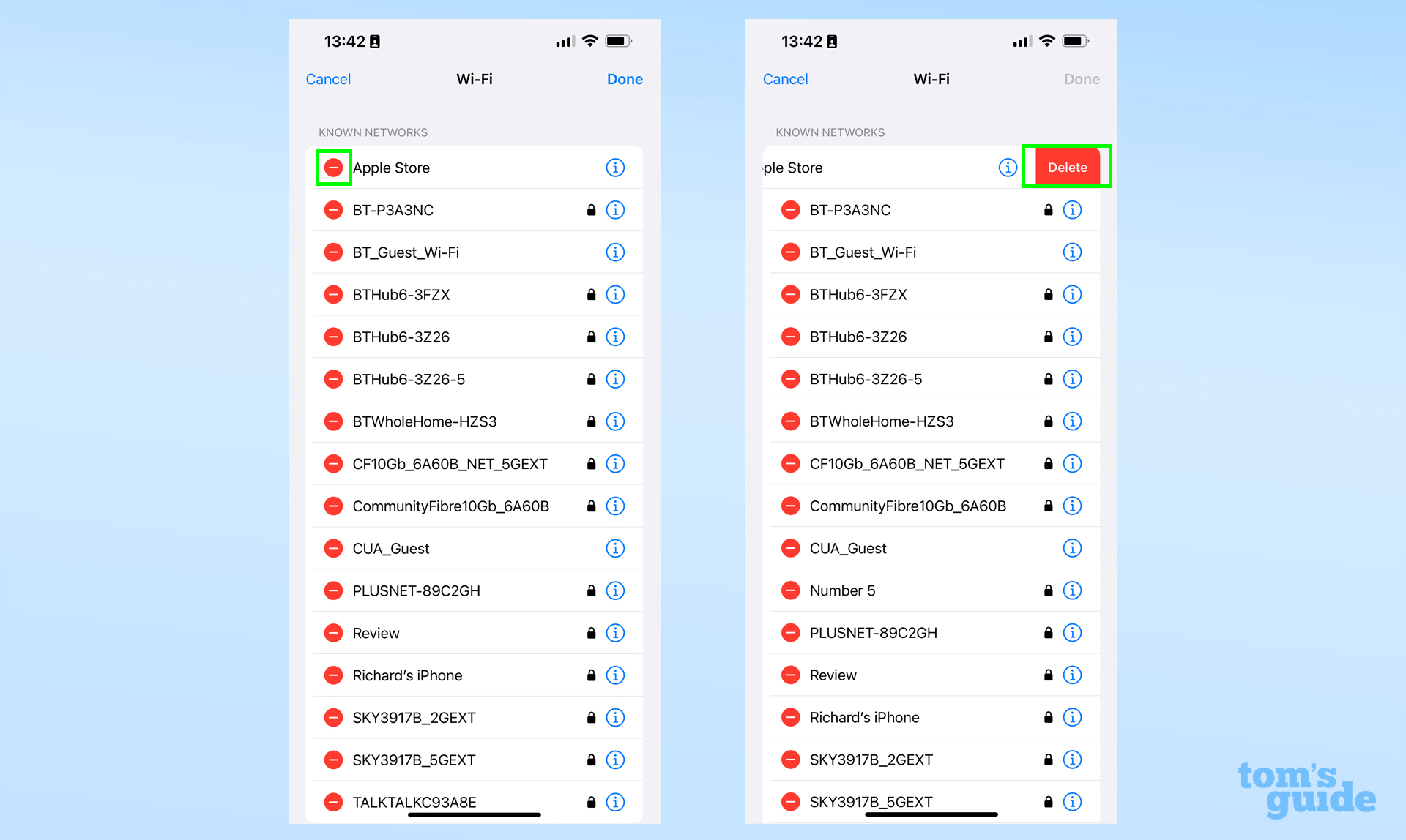 Два снимка экрана, показывающие, как удалить запомненную сеть Wi-Fi в iOS 16