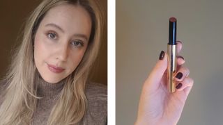 On the left, a close-up of Digital Beauty Writer wearing the Hourglass Phantom Volumising Glossy Balm in shade Impulse, alongside a shot of her holding the balm up against a green background