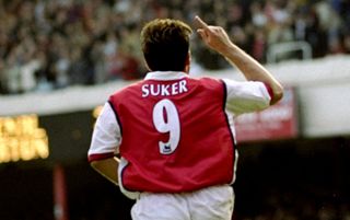 Davor Suker of Arsenal celebrates one of his two goals against Everton during the FA Carling Premiership match at Highbury in London. Arsenal won 4-1.