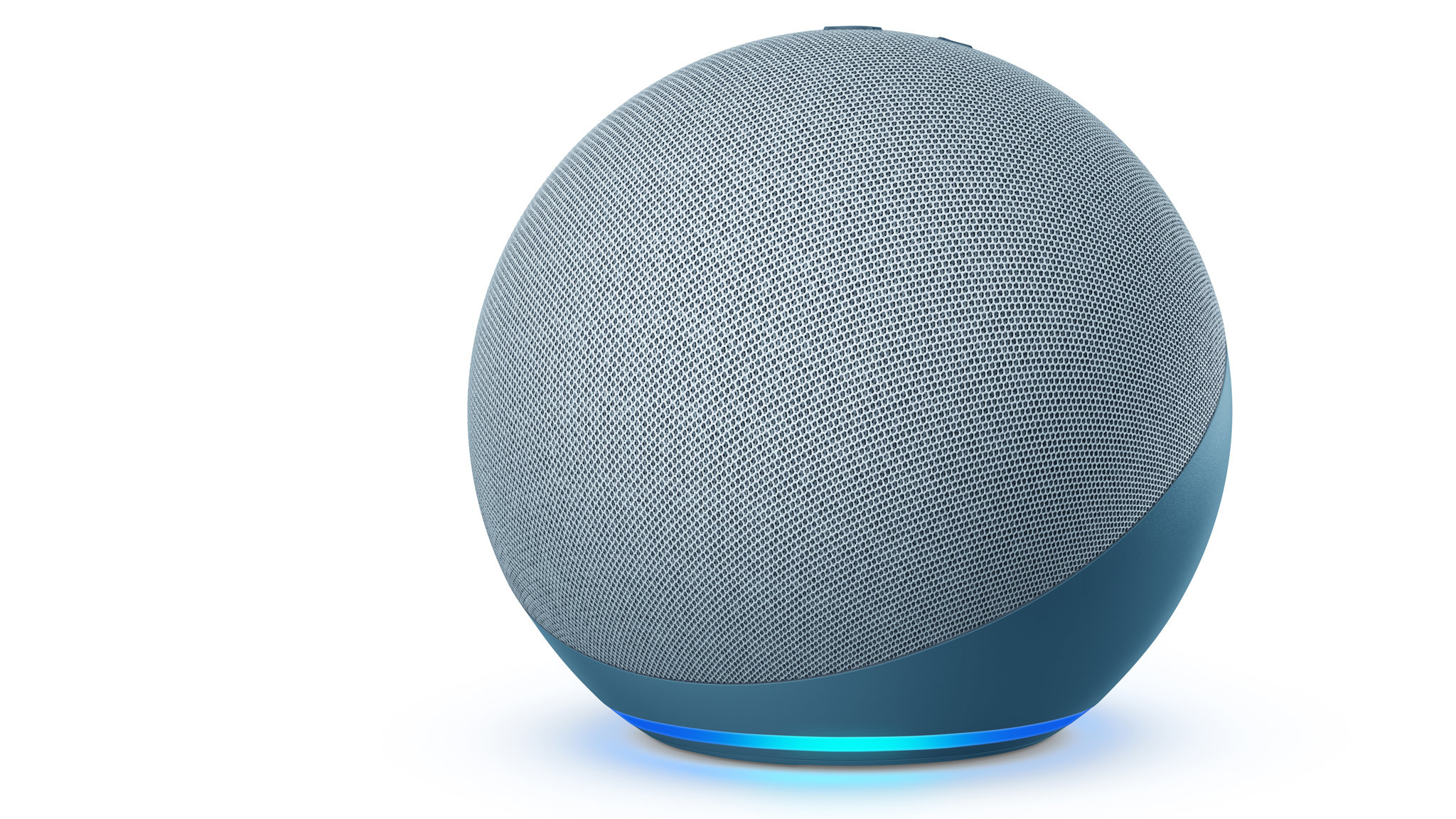 the amazon echo 2020 with its LED ring illuminated blue on a light blue background