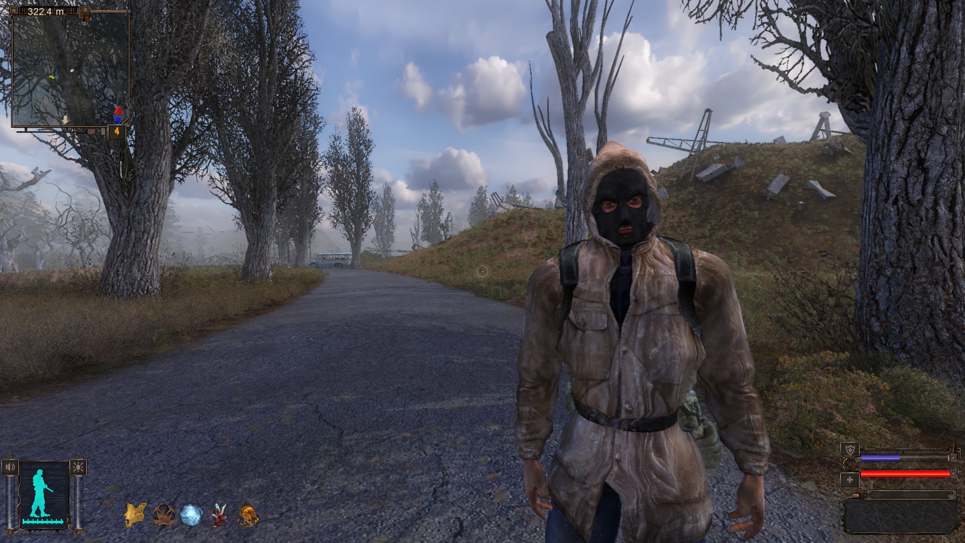 A Stalker in a beige jacket stands on a deserted road.