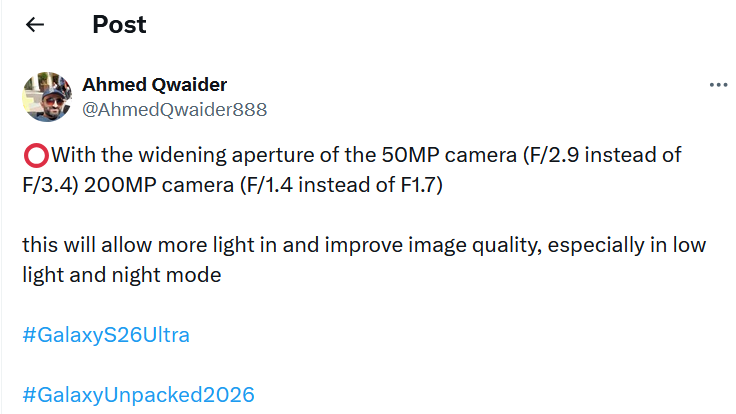 Samsung Galaxy S26 Ultra rumor Tweet