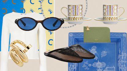 Photo collage featuring espresso cups, jewelry, scarves, wallets, shoes, and sunglasses