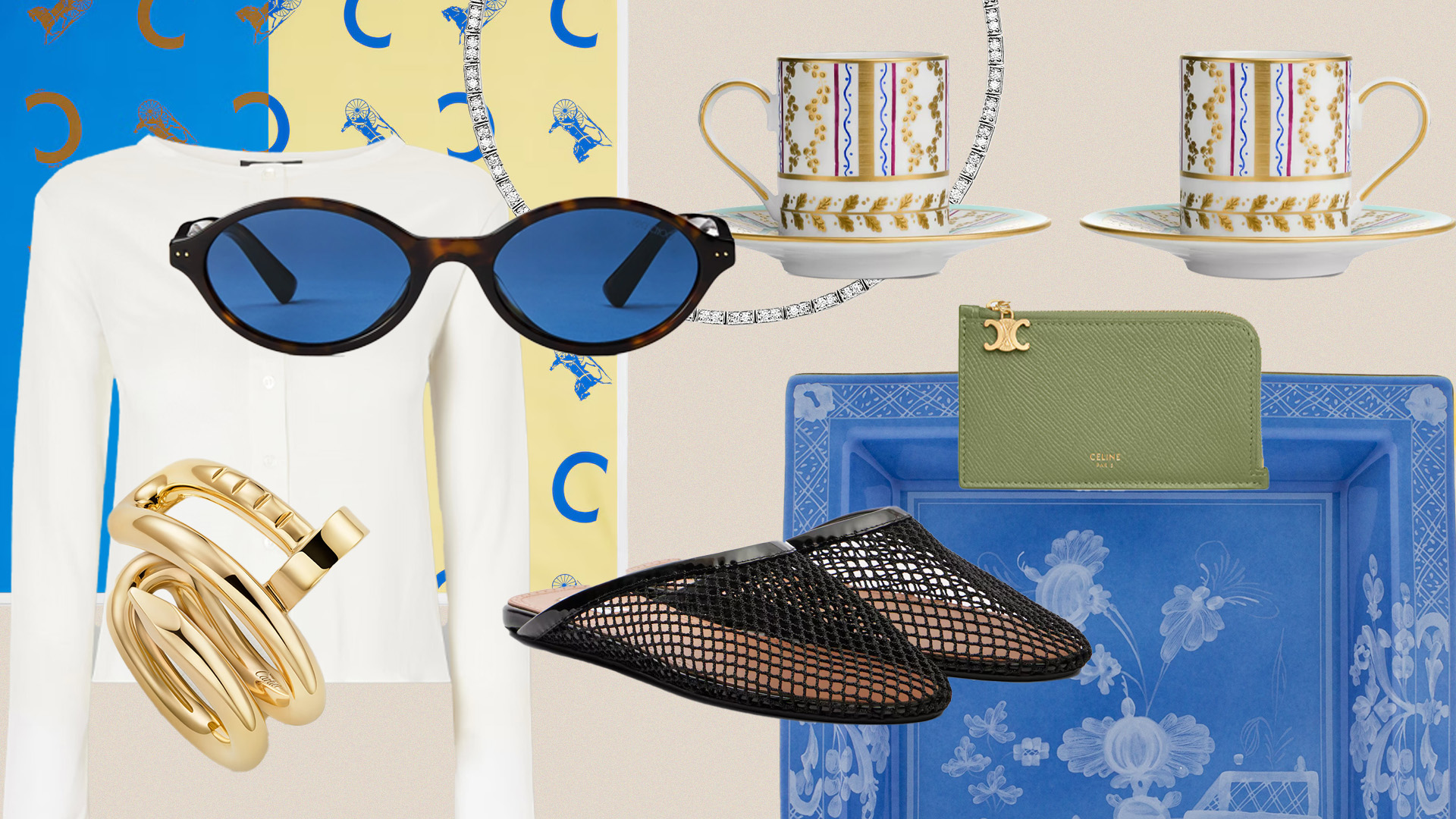 Photo collage featuring espresso cups, jewelry, scarves, wallets, shoes, and sunglasses