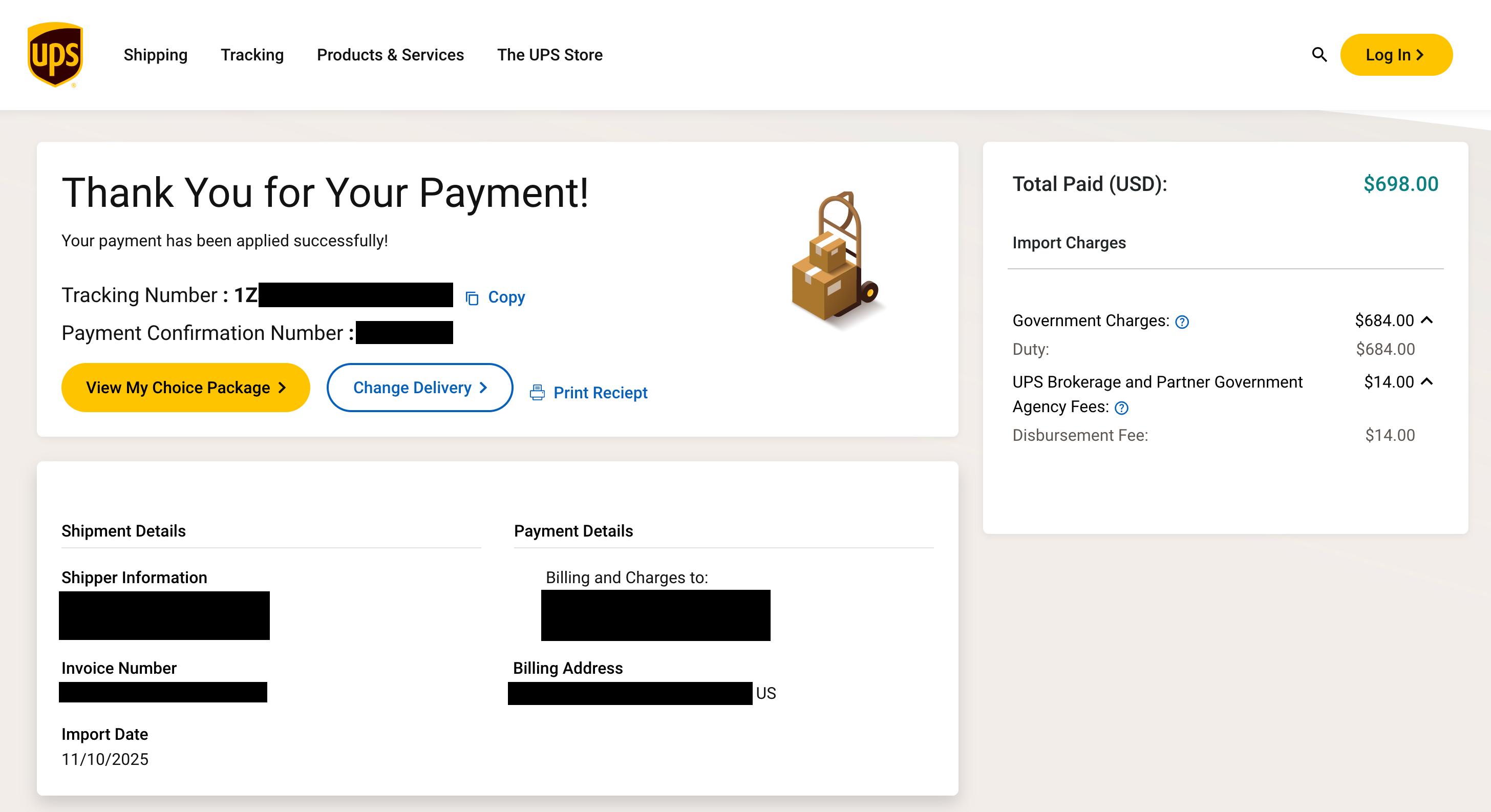 A screenshot of a payment gateway showing $698 charged in tariffs and fees on top of a $355 shipment.