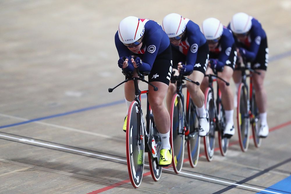 Jennifer Valente, Christina Birch, Kimberly Geist and Emma White of the USA compete in the Women's team pursuit qualifying on day one of the UCI Track Cycling World Championships