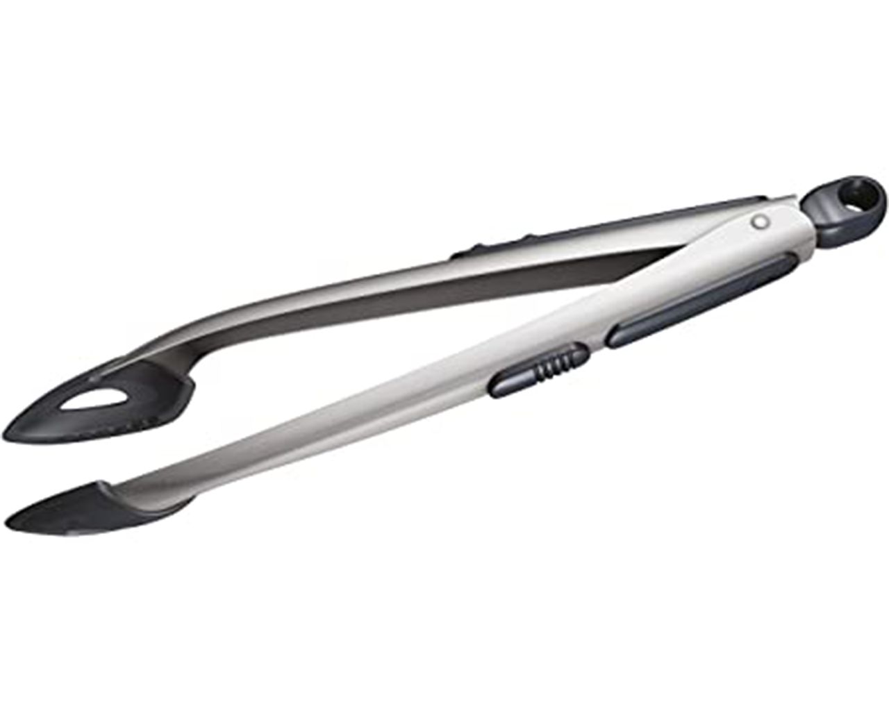 A pair of silicone-tipped, stainless steel tongs
