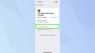 Cancel subscription highlighted on iPhone 
