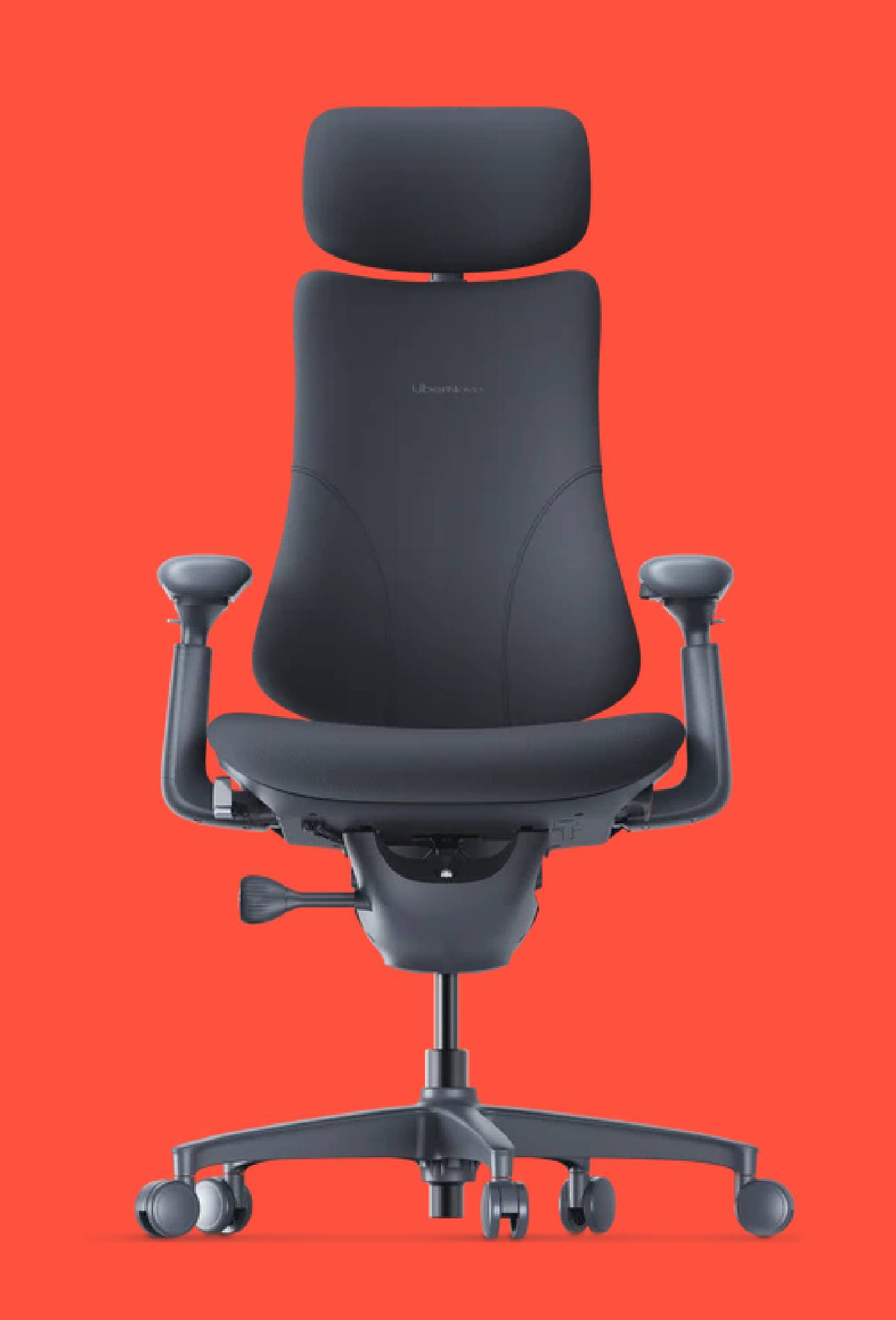 A LiberNovo Omni gaming chair on a red background.