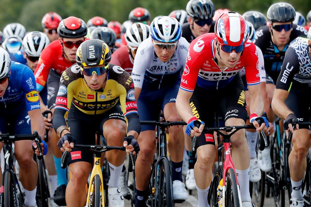 DOKKUM NETHERLANDS AUGUST 30 Dylan Groenewegen of Netherlands and Timo Roosen of Netherlands and Team Jumbo Visma compete during the 17th Benelux Tour 2021 Stage 1 a 1696km stage from Surhuisterveen to Dokkum BeneluxTour on August 30 2021 in Dokkum Netherlands Photo by Bas CzerwinskiGetty Images