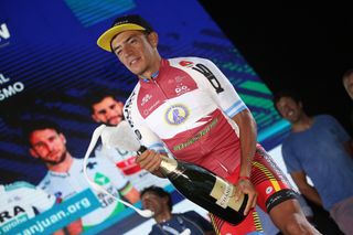 Daniel Zamora sprays the champagne after the final stage of the Vuelta a San Juan 2019