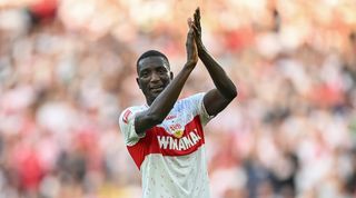 Stuttgart's Serhou Guirassy applauds during his side's Bundesliga game against Wolfsburg in October 2023.