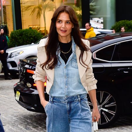 Katie Holmes is seen outside "Alice + Olivia Fashion Show" on February 10, 2024 in New York City