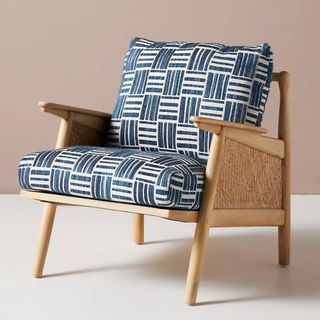 Indigo Woven Cotton-Upholstered Cane Wood Lounge Armchair, Anthropologie