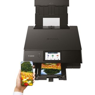 Front view of the Canon Pixma TS8750 with the touchscreen on display