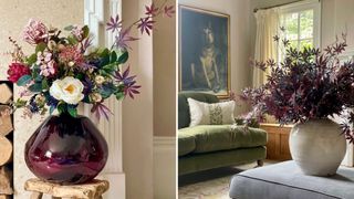 Living room showing two impressive artificial flower arrangements in vases to add a decorative touch to make a home look expensive