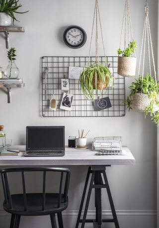 a stylish garden office with hanging plants, a peg board for papers, and a black and white desk with a laptop