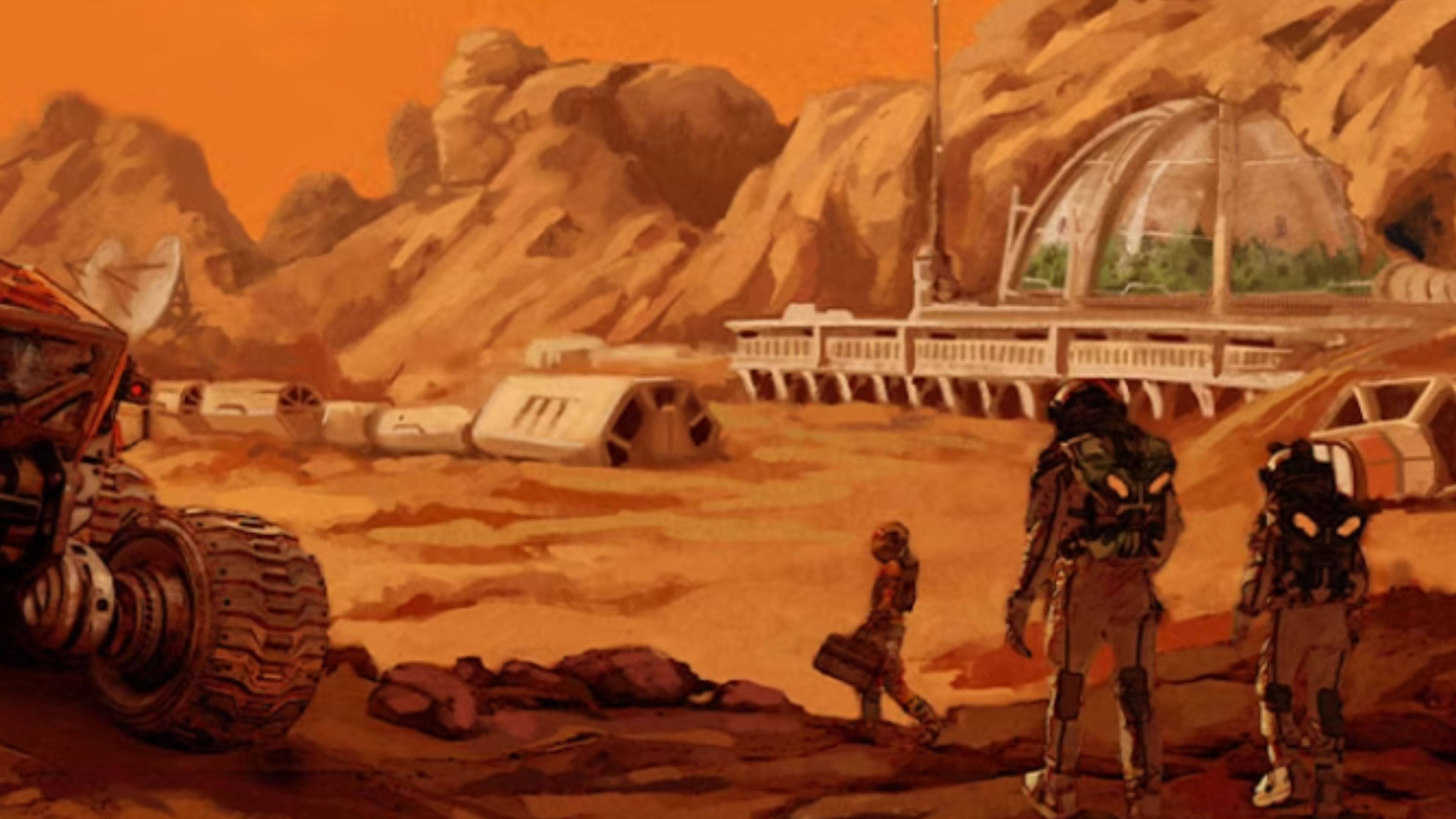 Terraforming Mars TTRPG art showing colonists on the surface of the red planet