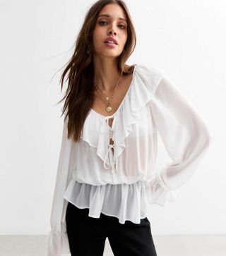 New Look, White Ruffle Trim Blouse