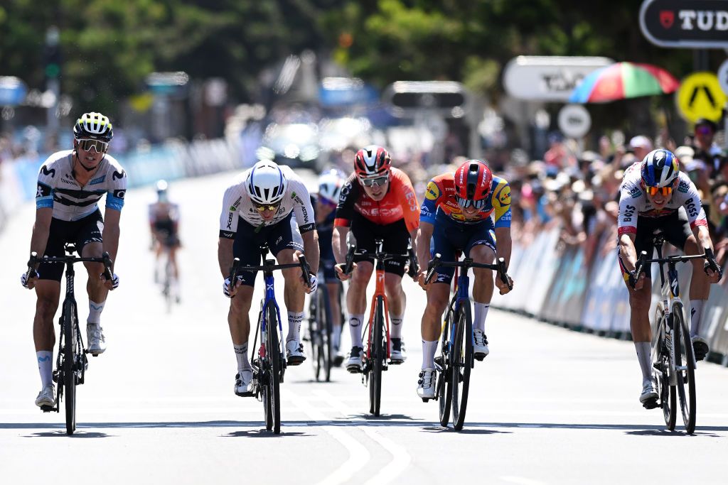 XDS Astana&#039;s Aaron Gate scored important points at the Cadel Evans Great Ocean Road Race, shown here second from left winning bunch sprint for second