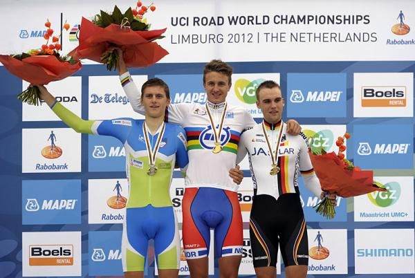 Junior men's time trial podium (L-R): Matej Mohoric (Slovenia), Oskar Svendsen (Norway) and Maximilian Schachmann (Germany)