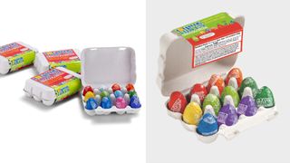 Colourful eggs in cardboard carton