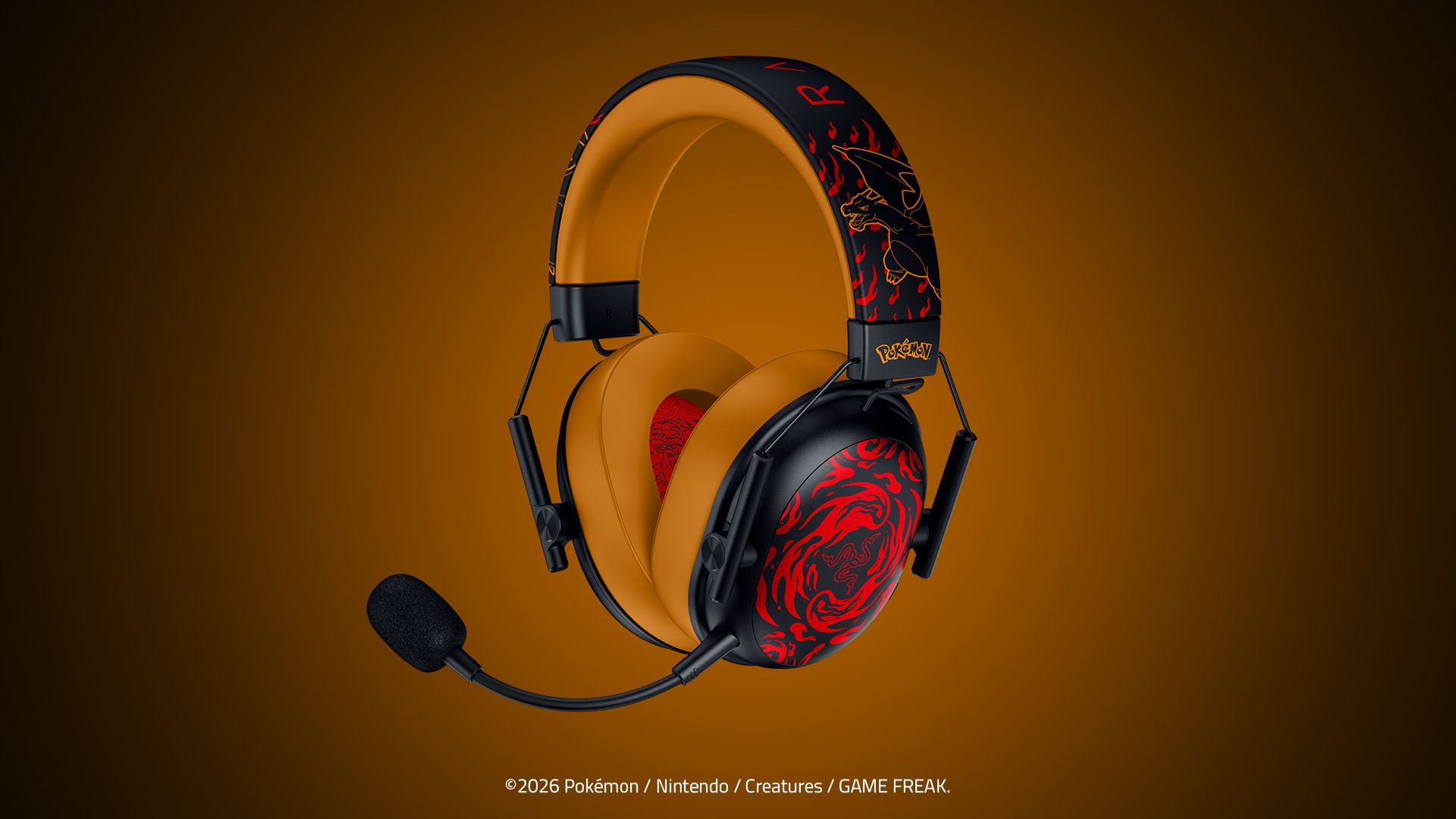 Charizard Edition: Razer BlackShark V3 X HyperSpeed Charizard Edition headset in black and orange, featuring flame graphics on the earcups, a boom mic, and Charizard headband art.