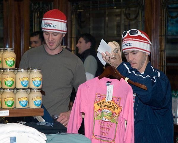 Team riders Ben Raby and Josh Thornton do some shopping at the Sierra Nevada gift shop.
