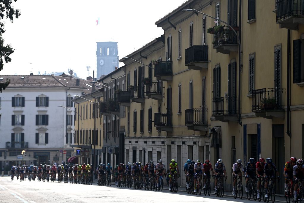 VARESE ITALY OCTOBER 03 A general view of the peloton competing during the 102nd Tre Valli Varesine 2023 a 19654km one day race from Busto Arsizio to Varese on October 03 2023 in Varese Italy Photo by Tim de WaeleGetty Images