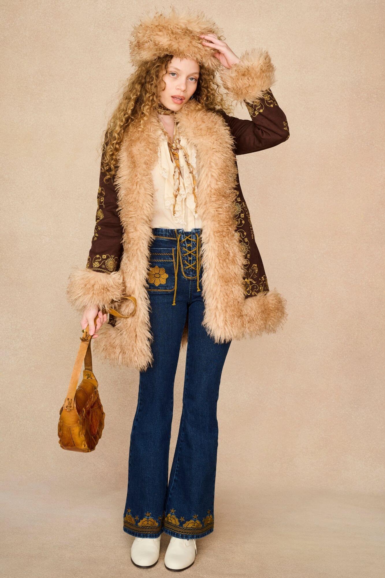 Breaking Hearts Brown Embroidered Penny Lane Coat - Uk4