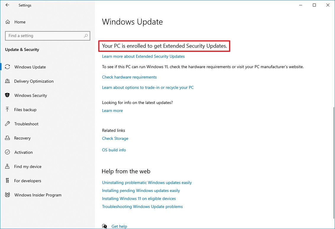 Windows 10 ESU enrolled message