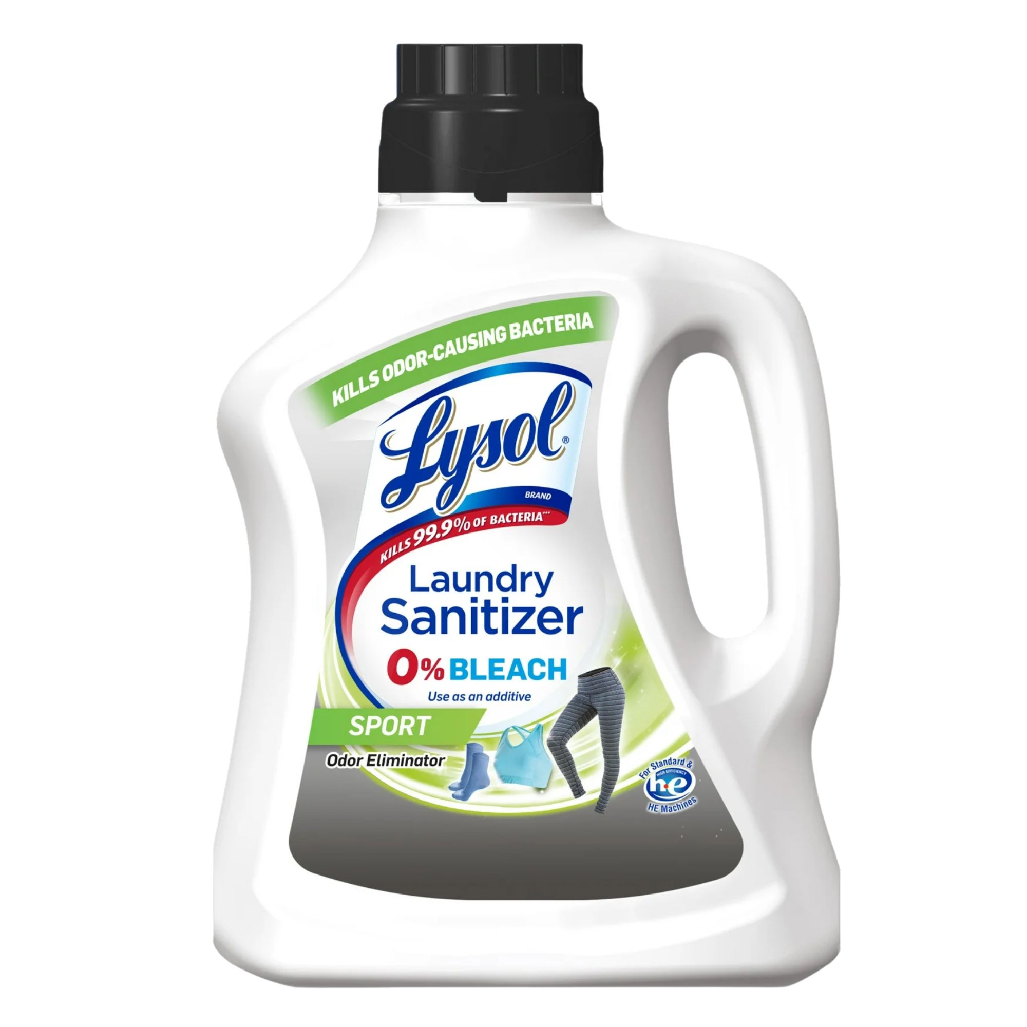 A white bottle of Lysol laundry sanitizer with a green and blue label and black lid.