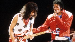 Guitarist Eddie Van Halen joins pop star Michael Jackson on stage to perform his hit song &quot;Beat It&quot; during The Jacksons Victory Tour on July 14, 1984 at Texas Stadium in Dallas, Texas