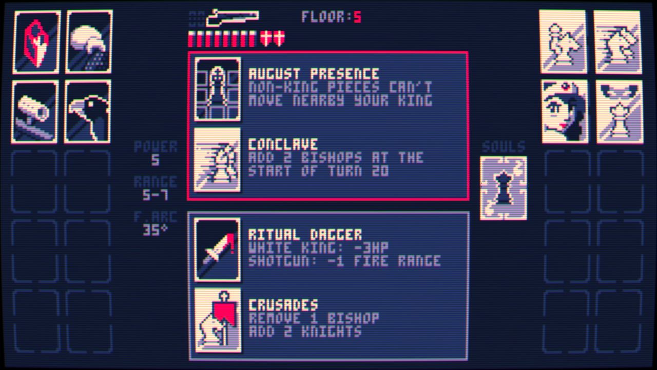 choice between two sets of upgrades, one buffing the king and opposing bishops, the other nerfing the enemy king while buffing his knights