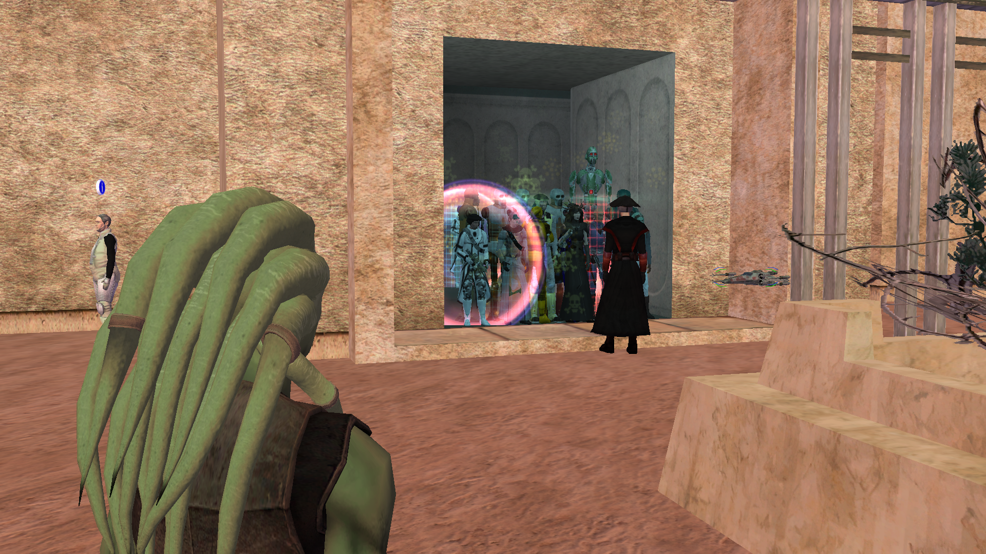 A series of player characters clustered in a Mos Eisley doorway in Star Wars Galaxies.