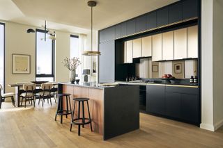 black open plan kitchen in an urban apartment