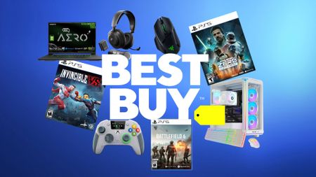 A best Buy logo surrounded by some of the deals featured in the retailer's Techtober sale