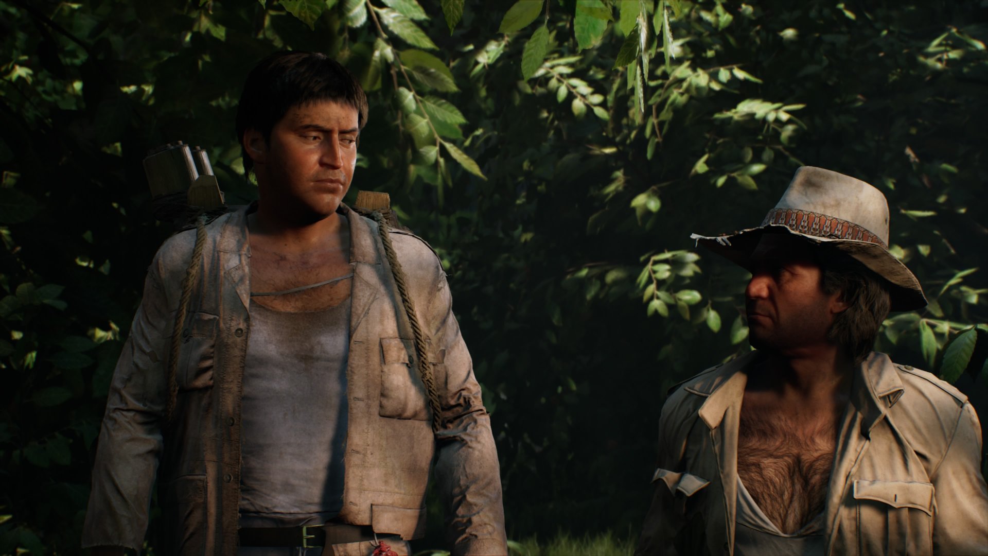 Indiana Jones and the Great Circle screenshot of Satipo and Barranca during the recreation of the opening of Raiders of the Lost Ark