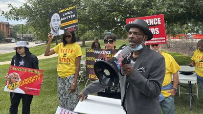 Joseph Amrine, who escaped death row himself, speaks at a rally to support Missouri death row inmate Marcellus Williams in Clayton, Mo.