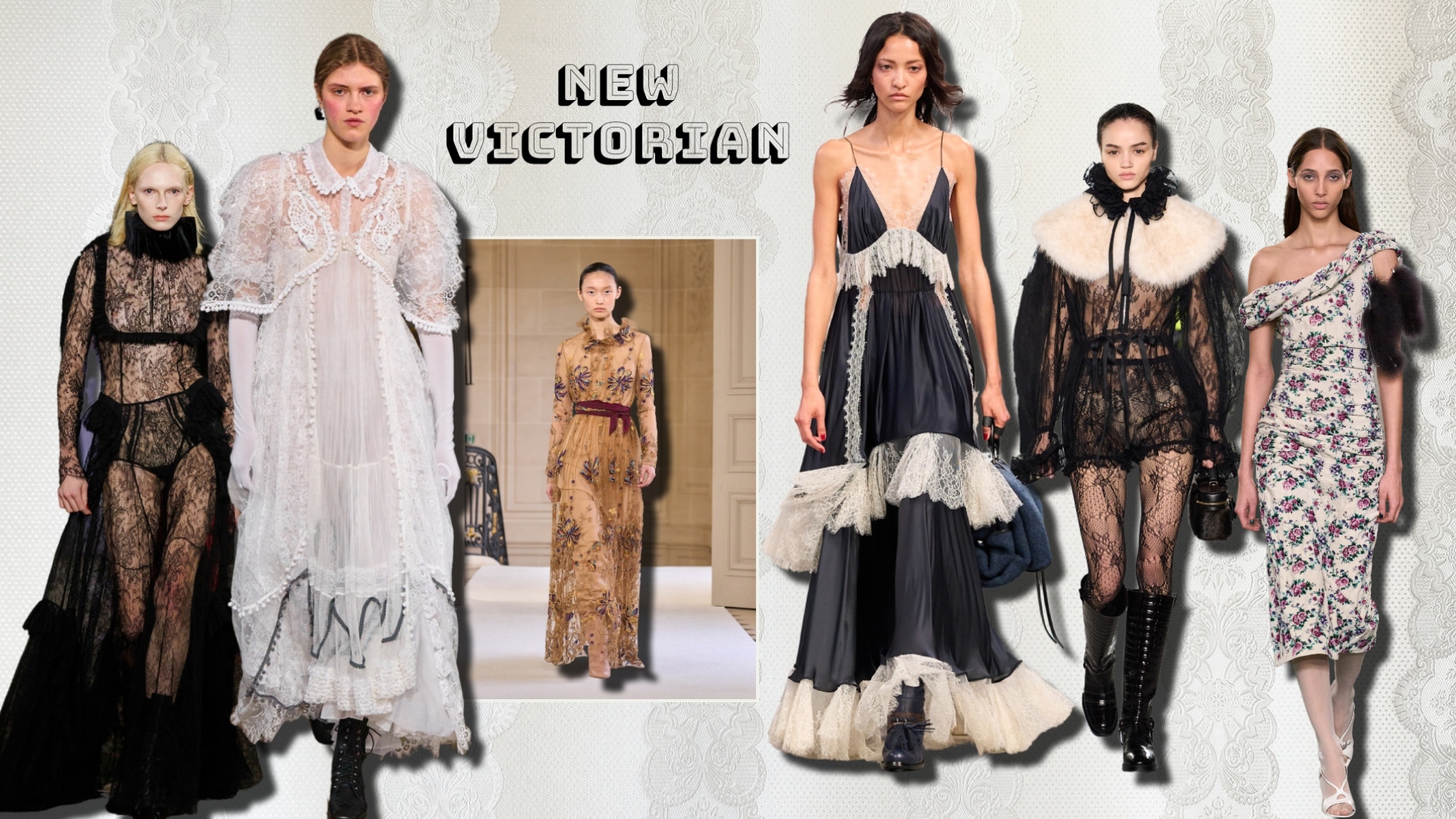 Runway shots of a models showcasing Fall 2025’s Victorian trend.