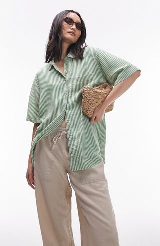 Stripe Oversize Short Sleeve Button-Up Shirt