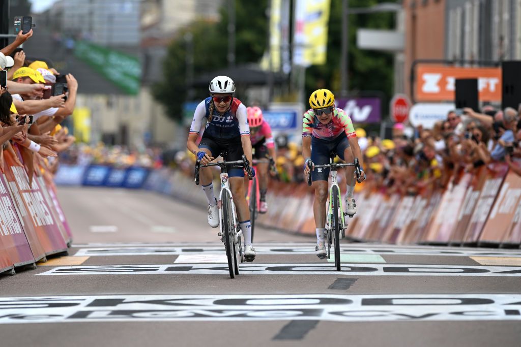 BARSURAUBE FRANCE JULY 27 LR Evita Muzic of France and Team Fdj Nouvelle Aquitaine Futuroscope and Alena Amialiusik of Belarus and Team CanyonSRAM Racing sprints to the finishing line during the 1st Tour de France Femmes 2022 Stage 4 a 1268km stage from Troyes to BarSurAube TDFF UCIWWT on July 27 2022 in BarsurAube France Photo by Dario BelingheriGetty Images