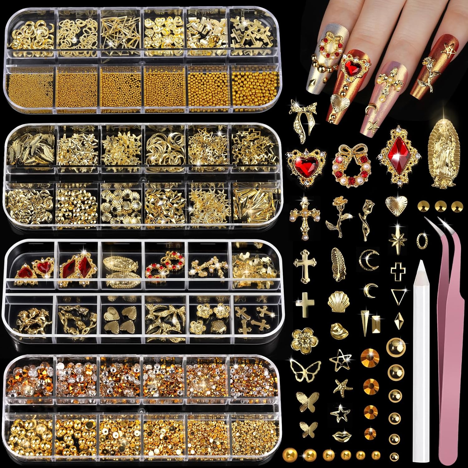 Teenitor Gold Nail Charms and Gems Set, 4 Boxes Nail Gems Nail Pearls Nail Art Tools, 3d Cross Nail Charms Heart Nail Rhinestones for Nails Supplies, Charms for Nails Design Nail Art Kit