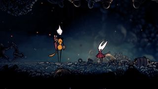 A screenshot from Hollow Knight Silksong showing the protagonist Hornet with map-seller Shakra