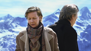 Sandra Hüller as Sandra Voyter, picture against a snowy mountain backdrop, in the Oscar-winning movie Anatomy of a Fall.