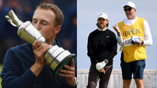 Jordan Spieth kisses the Claret Jug and Tommy Fleetwood chats to his caddie
