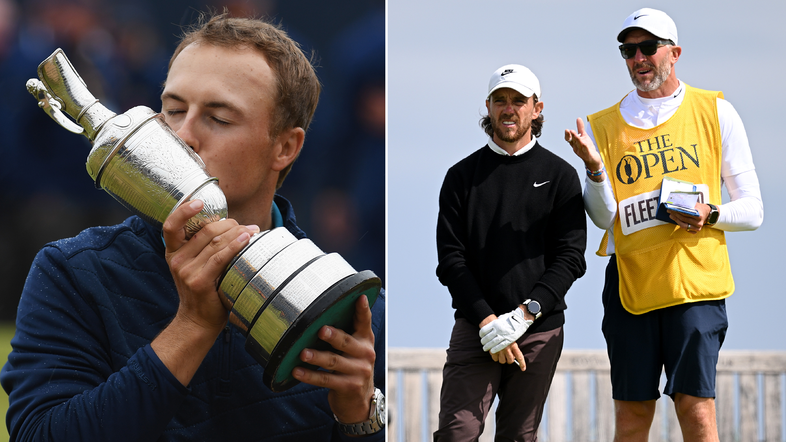 Jordan Spieth kisses the Claret Jug and Tommy Fleetwood chats to his caddie