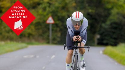 Image shows cyclist on a time trial bike trying to go faster