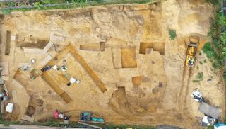 An aerial view of an archaeological dig site in Germany. 