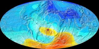 This map shows present-day Earth and deviations in the planet's magnetic field. Strong deviations are represented in yellow-orange, while small deviations are in blue. The star is located on the island Saint Helena.